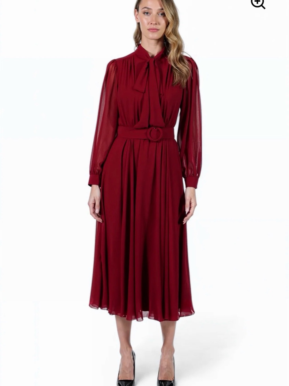 Mikael Aghal Burgundy Tie-Neck Midi Dress